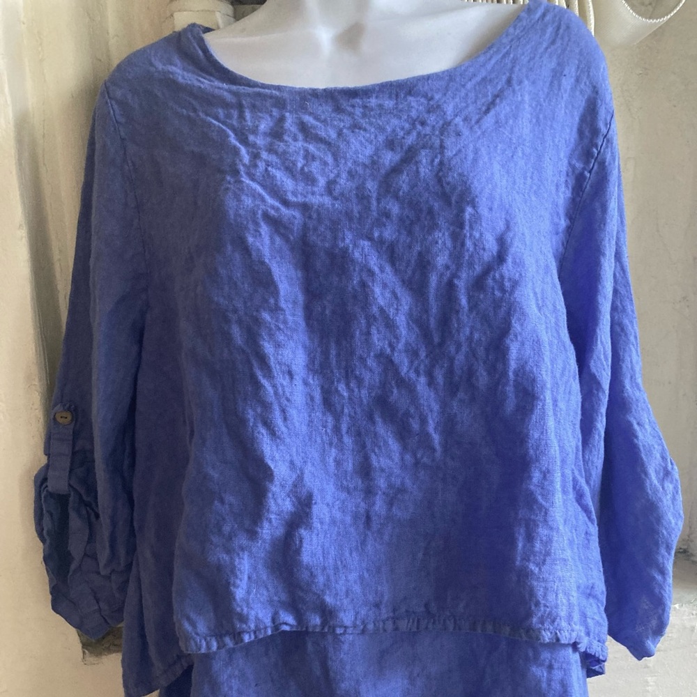 M Made in Italy Royal to Cornflower Blue Linen Tiered Popover Blouse M MSRP $118
